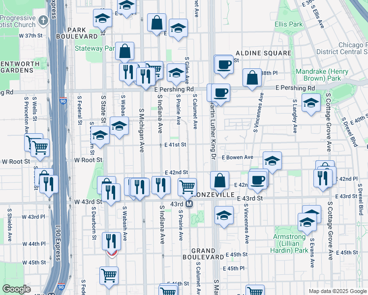 map of restaurants, bars, coffee shops, grocery stores, and more near 4101 South Prairie Avenue in Chicago