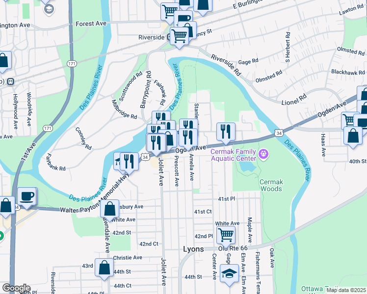 map of restaurants, bars, coffee shops, grocery stores, and more near 7860 Ogden Avenue in Lyons