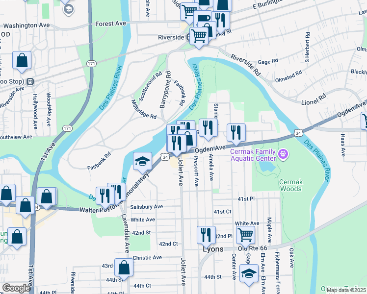 map of restaurants, bars, coffee shops, grocery stores, and more near 7942 Ogden Avenue in Lyons