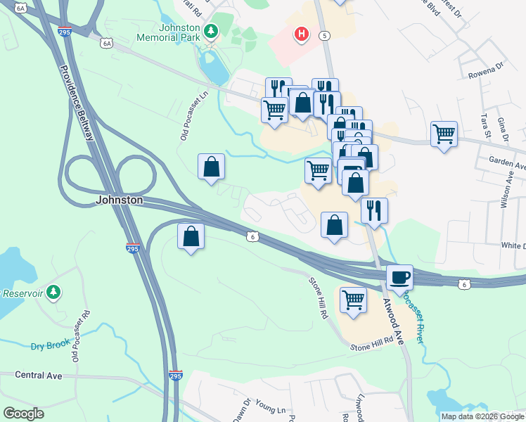 map of restaurants, bars, coffee shops, grocery stores, and more near 220 Constitution Court in Johnston