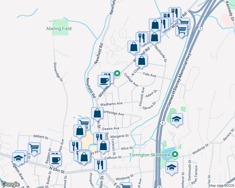 map of restaurants, bars, coffee shops, grocery stores, and more near 49 Chelton Street in Torrington