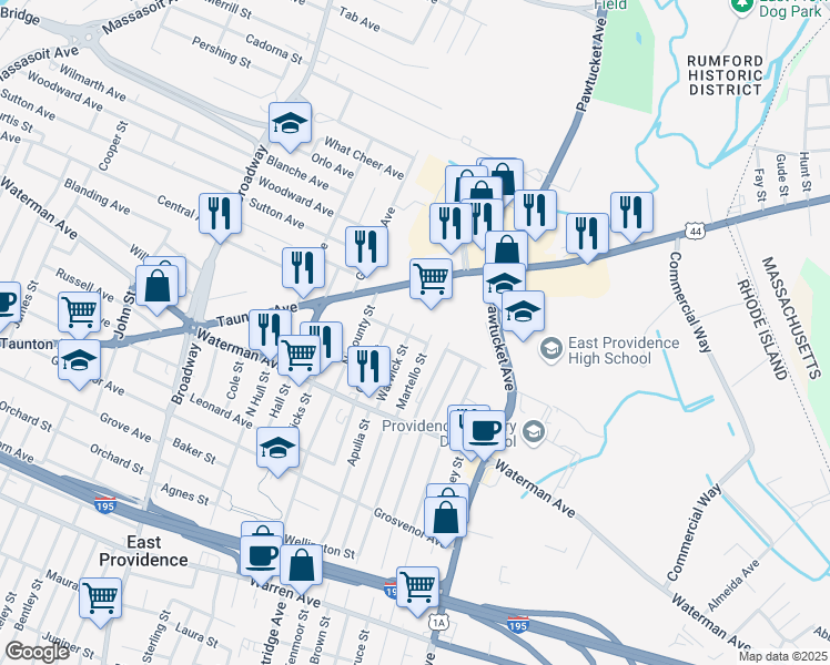 map of restaurants, bars, coffee shops, grocery stores, and more near 38 Warwick St in East Providence