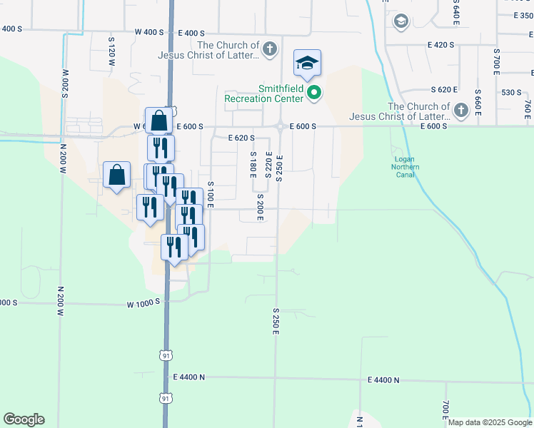 map of restaurants, bars, coffee shops, grocery stores, and more near 219 East 830 South in Smithfield