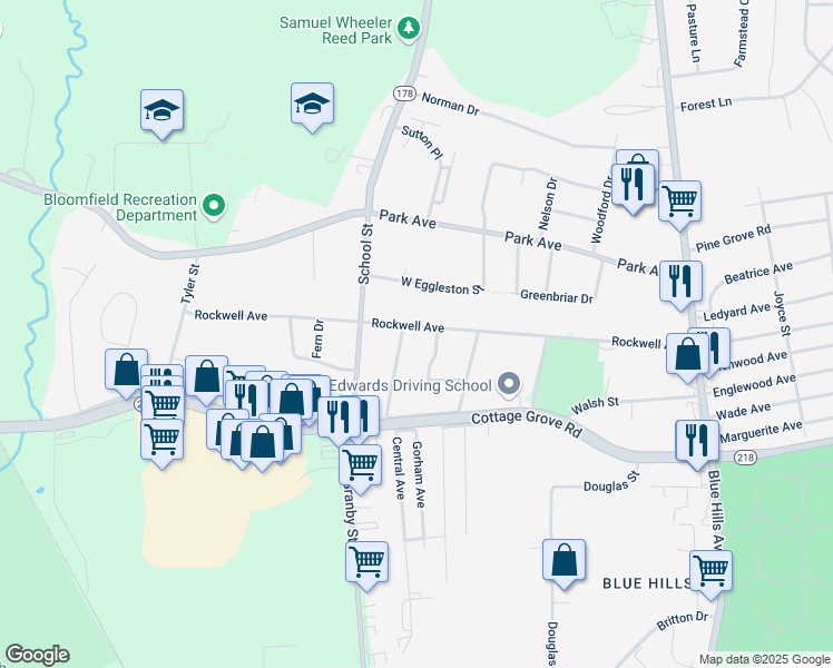 map of restaurants, bars, coffee shops, grocery stores, and more near 185 Rockwell Avenue in Bloomfield