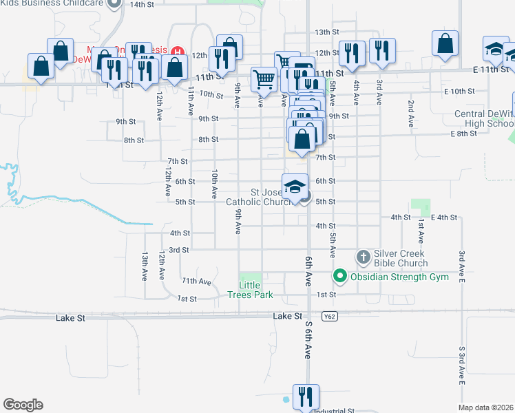 map of restaurants, bars, coffee shops, grocery stores, and more near 723 5th Street in DeWitt