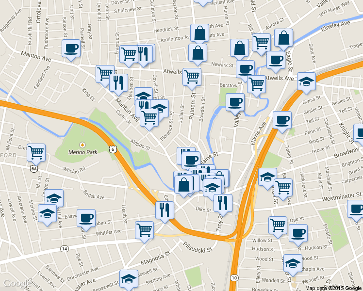 map of restaurants, bars, coffee shops, grocery stores, and more near 57 Capron Street in Providence
