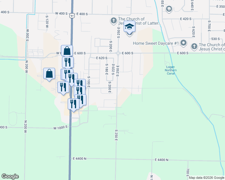 map of restaurants, bars, coffee shops, grocery stores, and more near 219 East 830 South in Smithfield