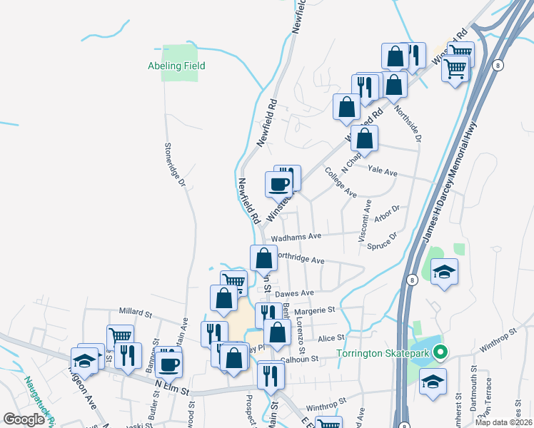 map of restaurants, bars, coffee shops, grocery stores, and more near 27 Winsted Road in Torrington