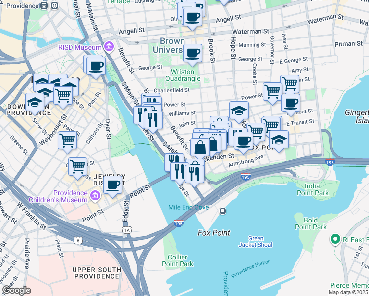 map of restaurants, bars, coffee shops, grocery stores, and more near 414 Benefit Street in Providence