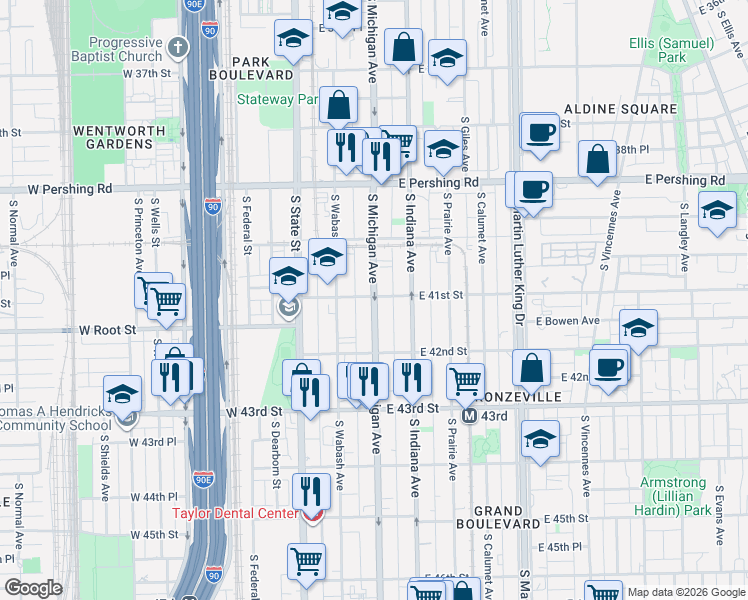 map of restaurants, bars, coffee shops, grocery stores, and more near Michigan Avenue in Chicago