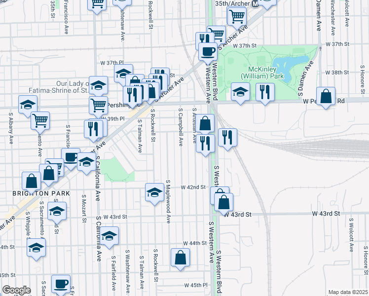 map of restaurants, bars, coffee shops, grocery stores, and more near 4033 South Campbell Avenue in Chicago