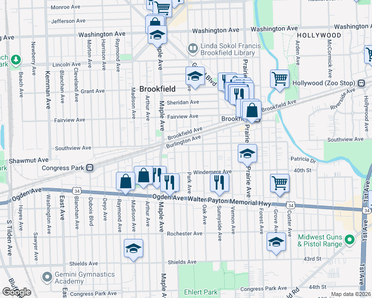 map of restaurants, bars, coffee shops, grocery stores, and more near 9101 Southview Avenue in Brookfield