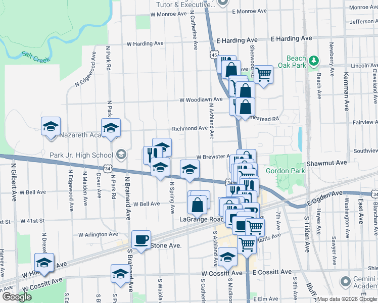 map of restaurants, bars, coffee shops, grocery stores, and more near 309 North Kensington Avenue in La Grange Park