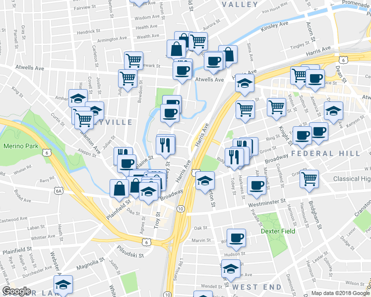 map of restaurants, bars, coffee shops, grocery stores, and more near 280 Grove Street in Providence
