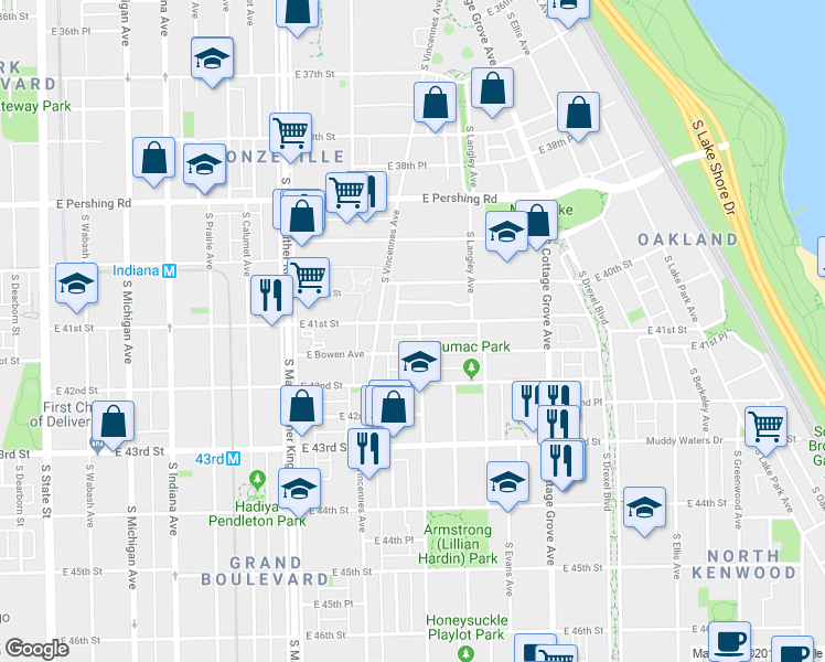 map of restaurants, bars, coffee shops, grocery stores, and more near 533 East 41st Street in Chicago