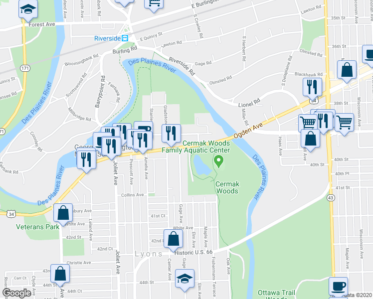 map of restaurants, bars, coffee shops, grocery stores, and more near 7731 U.S. 34 in Lyons