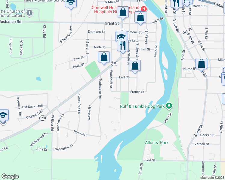 map of restaurants, bars, coffee shops, grocery stores, and more near 627 French Street in Niles