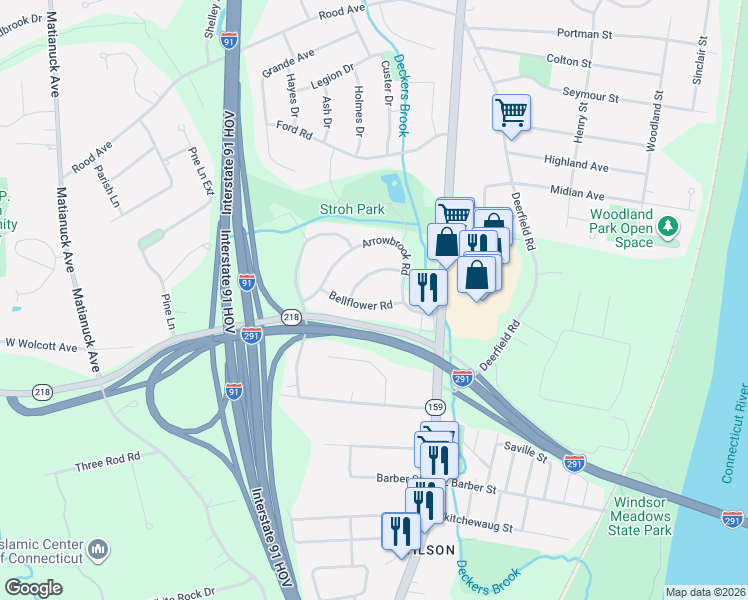 map of restaurants, bars, coffee shops, grocery stores, and more near 12 Bellflower Road in Windsor