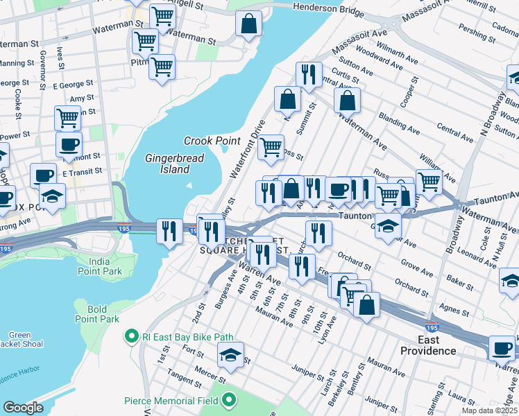 map of restaurants, bars, coffee shops, grocery stores, and more near 30 Summit St in East Providence