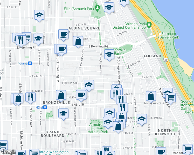 map of restaurants, bars, coffee shops, grocery stores, and more near 635 East 41st Street in Chicago