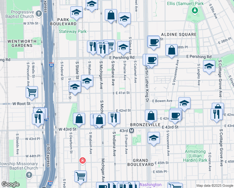 map of restaurants, bars, coffee shops, grocery stores, and more near 4101 South Indiana Avenue in Chicago