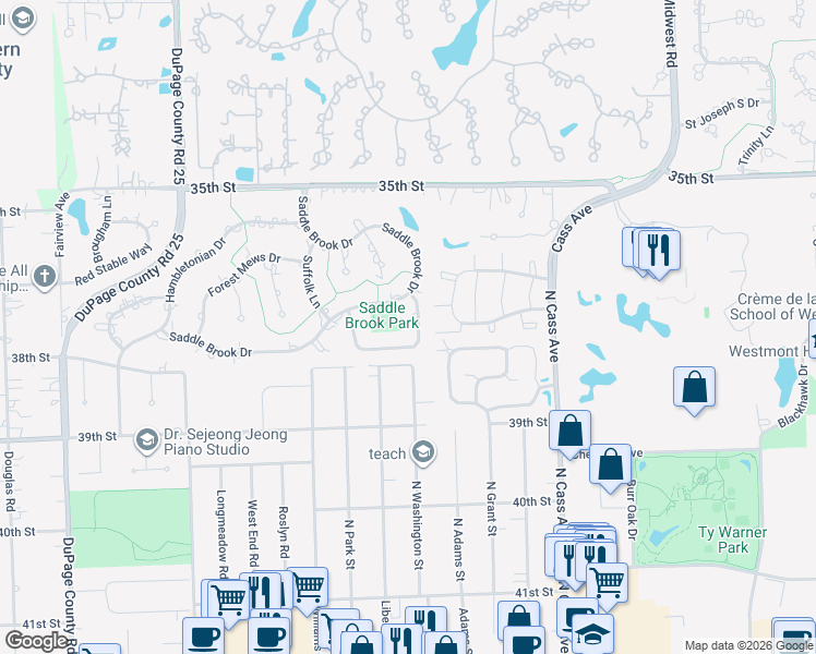 map of restaurants, bars, coffee shops, grocery stores, and more near 208 Bridle Path Circle in Oak Brook