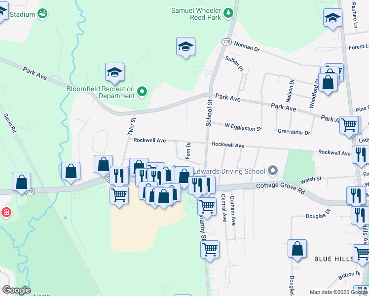 map of restaurants, bars, coffee shops, grocery stores, and more near 3 Arthur Drive in Bloomfield