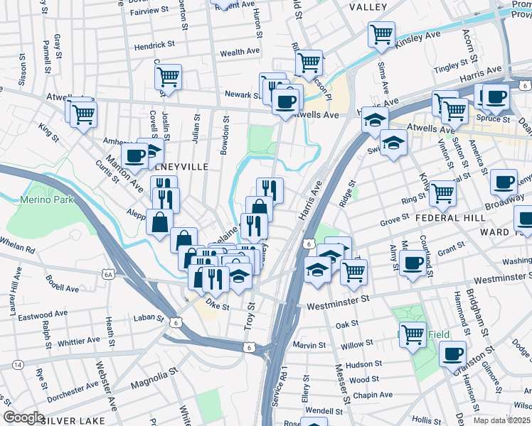 map of restaurants, bars, coffee shops, grocery stores, and more near 110 Valley Street in Providence