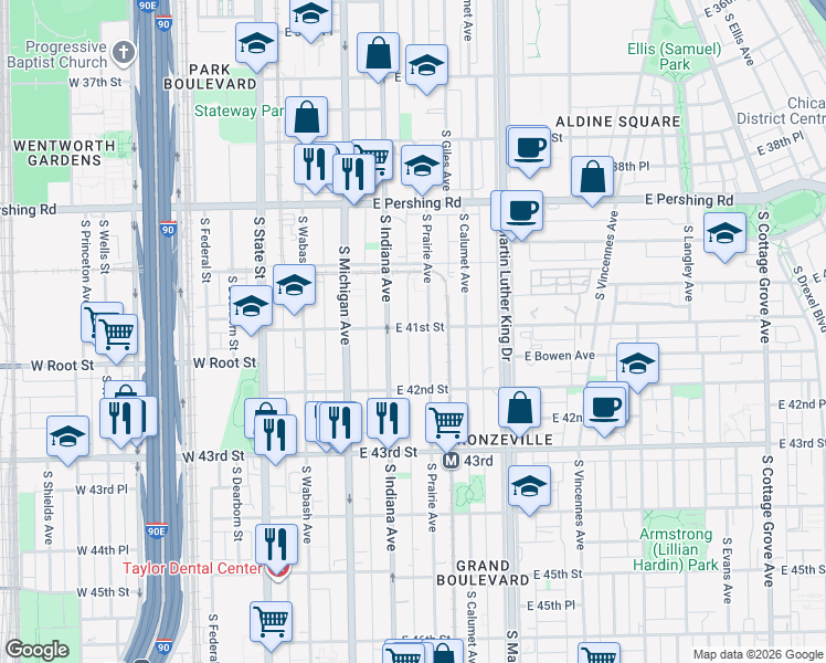 map of restaurants, bars, coffee shops, grocery stores, and more near 4105 South Indiana Avenue in Chicago