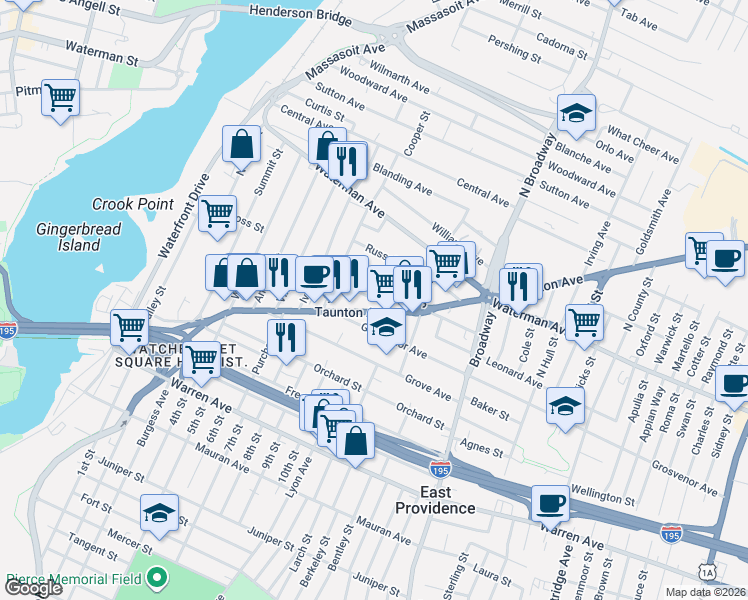 map of restaurants, bars, coffee shops, grocery stores, and more near 222 Taunton Avenue in East Providence