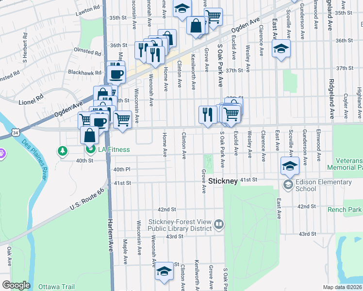 map of restaurants, bars, coffee shops, grocery stores, and more near 3928 Clinton Avenue in Stickney