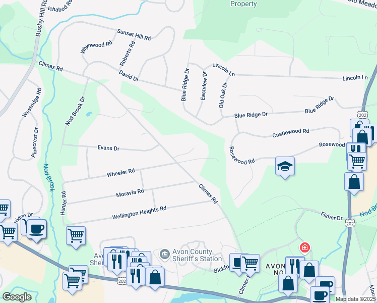 map of restaurants, bars, coffee shops, grocery stores, and more near 36 Hendricks Lane in Simsbury