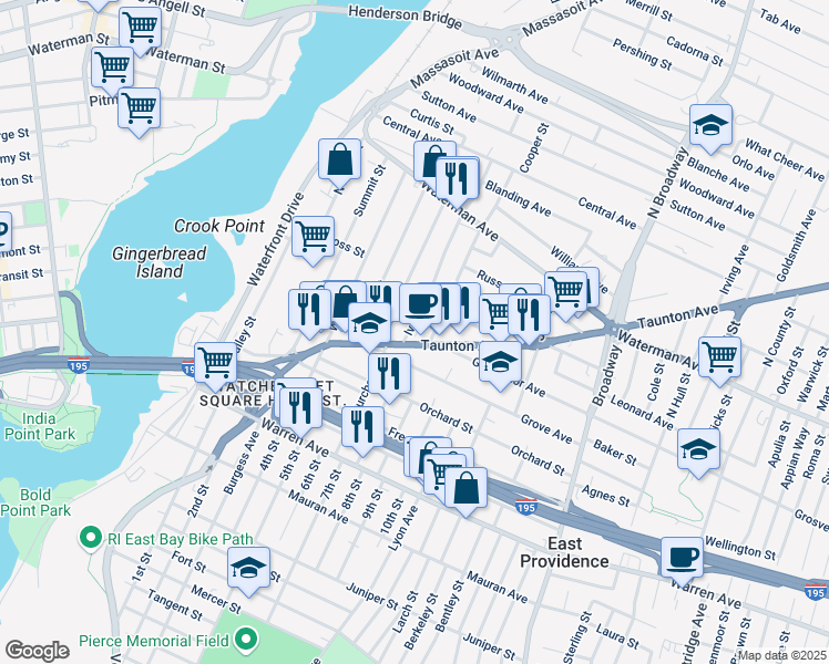 map of restaurants, bars, coffee shops, grocery stores, and more near 15 Ivy Street in East Providence
