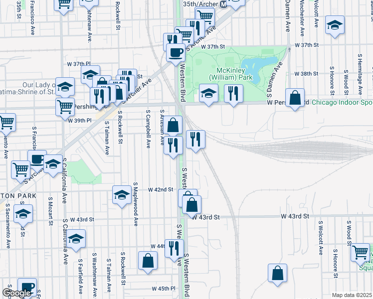 map of restaurants, bars, coffee shops, grocery stores, and more near 4033 South Western Boulevard in Chicago