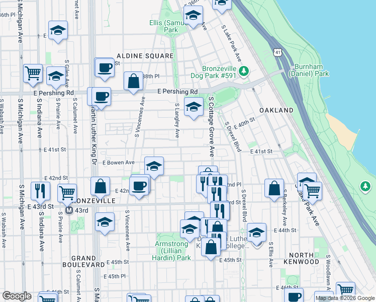 map of restaurants, bars, coffee shops, grocery stores, and more near 711 East 41st Street in Chicago