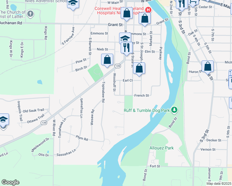 map of restaurants, bars, coffee shops, grocery stores, and more near 627 French Street in Niles
