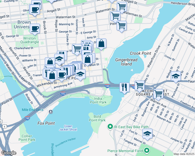 map of restaurants, bars, coffee shops, grocery stores, and more near 39 Schofield Street in Providence