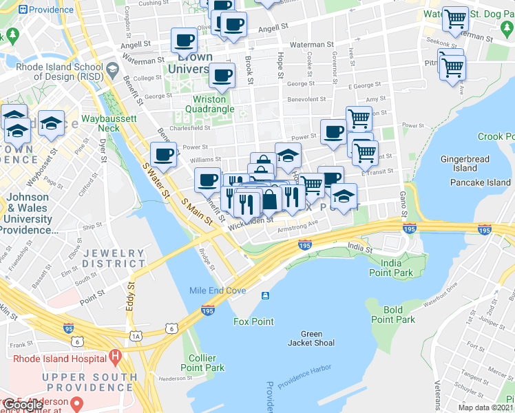map of restaurants, bars, coffee shops, grocery stores, and more near 128 Brook Street in Providence