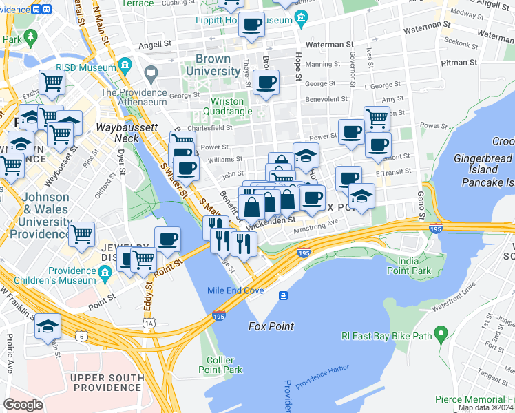 map of restaurants, bars, coffee shops, grocery stores, and more near 32 Sheldon Street in Providence