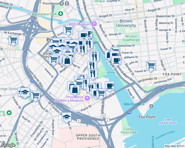 map of restaurants, bars, coffee shops, grocery stores, and more near 303 Eddy Street in Providence