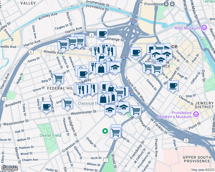 map of restaurants, bars, coffee shops, grocery stores, and more near 8 Cargill Street in Providence