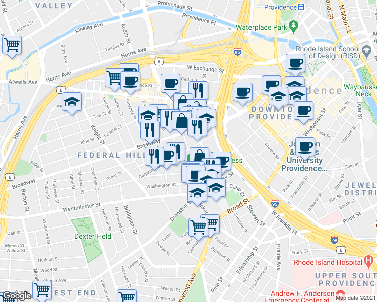 map of restaurants, bars, coffee shops, grocery stores, and more near 8 Cargill Street in Providence
