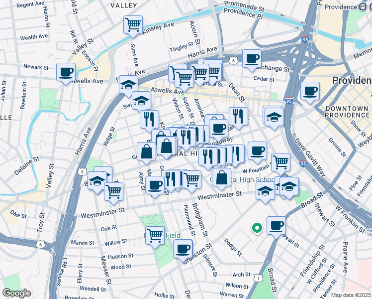 map of restaurants, bars, coffee shops, grocery stores, and more near 329 Broadway in Providence