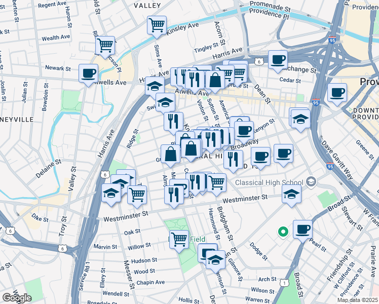 map of restaurants, bars, coffee shops, grocery stores, and more near 84 Courtland Street in Providence