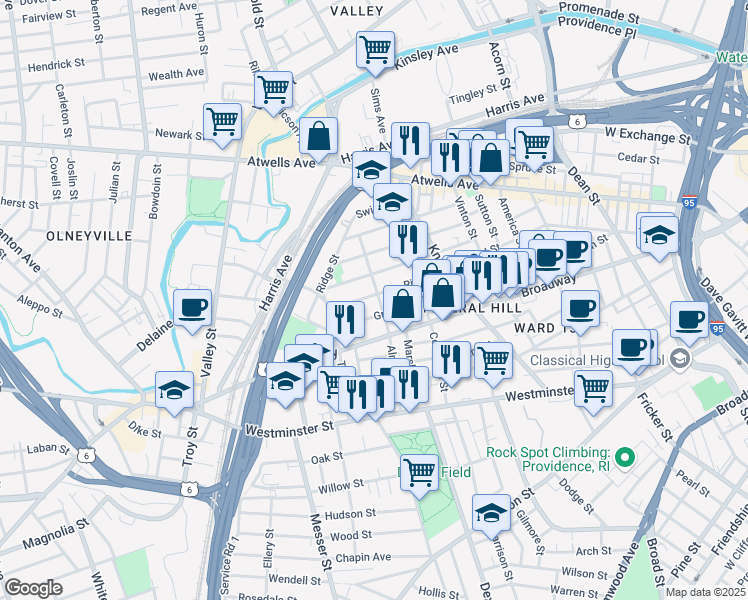 map of restaurants, bars, coffee shops, grocery stores, and more near 119 Grove Street in Providence