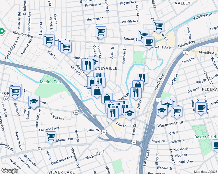 map of restaurants, bars, coffee shops, grocery stores, and more near 57 Capron Street in Providence