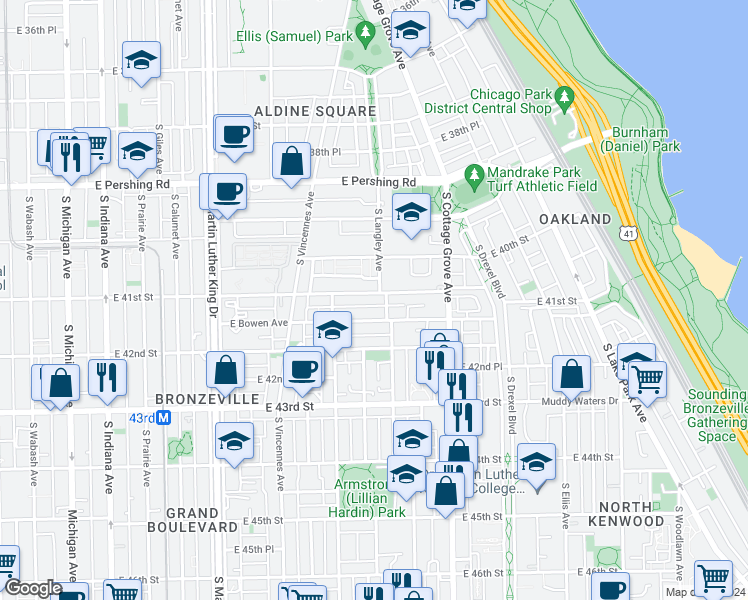 map of restaurants, bars, coffee shops, grocery stores, and more near 635 East 41st Street in Chicago