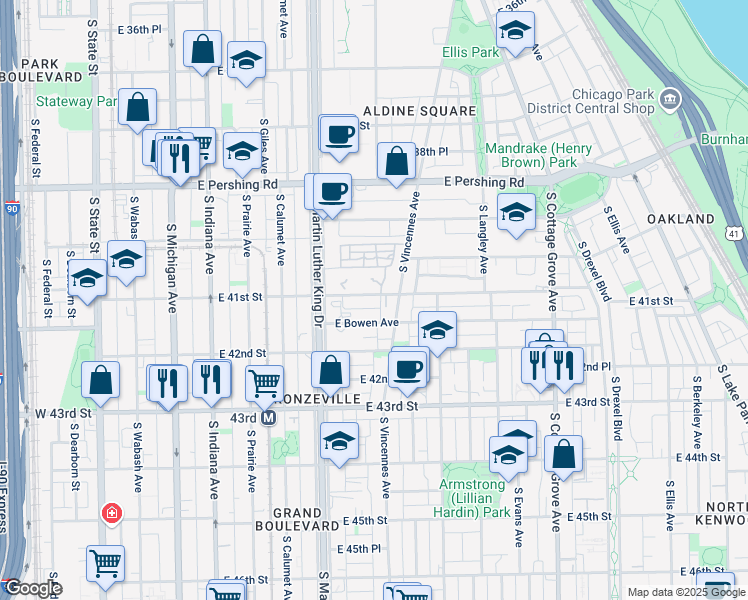 map of restaurants, bars, coffee shops, grocery stores, and more near 443 East 41st Street in Chicago