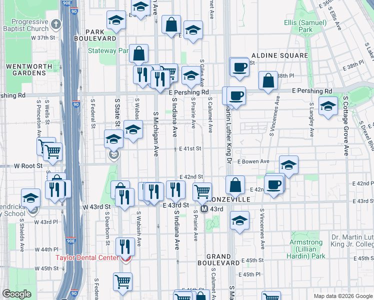 map of restaurants, bars, coffee shops, grocery stores, and more near 4105 South Indiana Avenue in Chicago