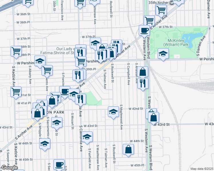 map of restaurants, bars, coffee shops, grocery stores, and more near 4034 South Rockwell Street in Chicago